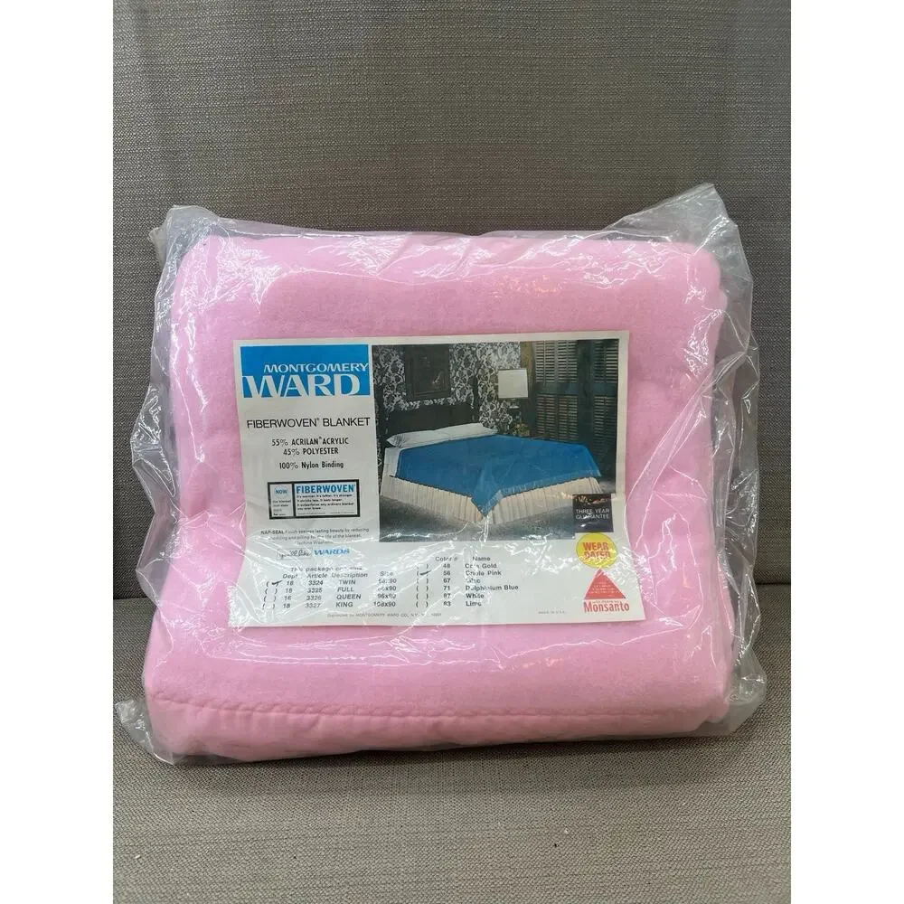 Vintage Montgomery Ward Pink Acrylic Blanket Twin NOS 1970s Fiberwoven